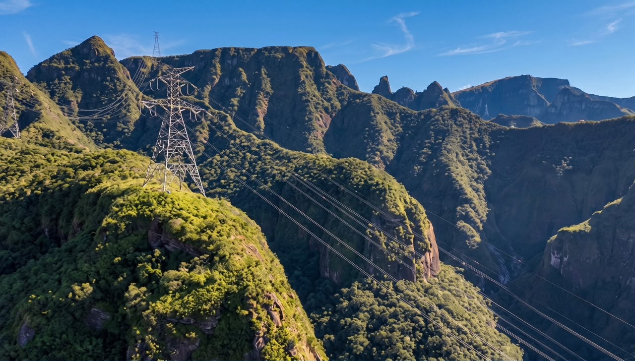 Aerogeradores em campo verde ao entardecer