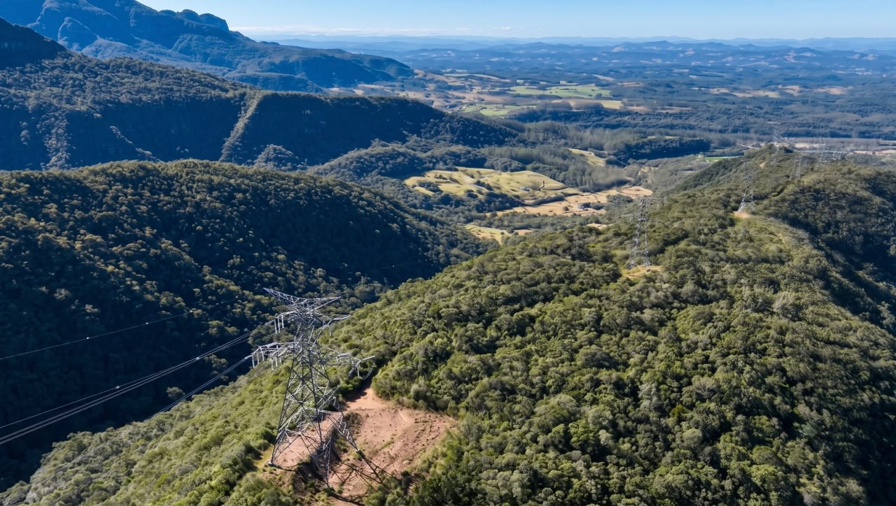 Aerogeradores em campo verde ao entardecer